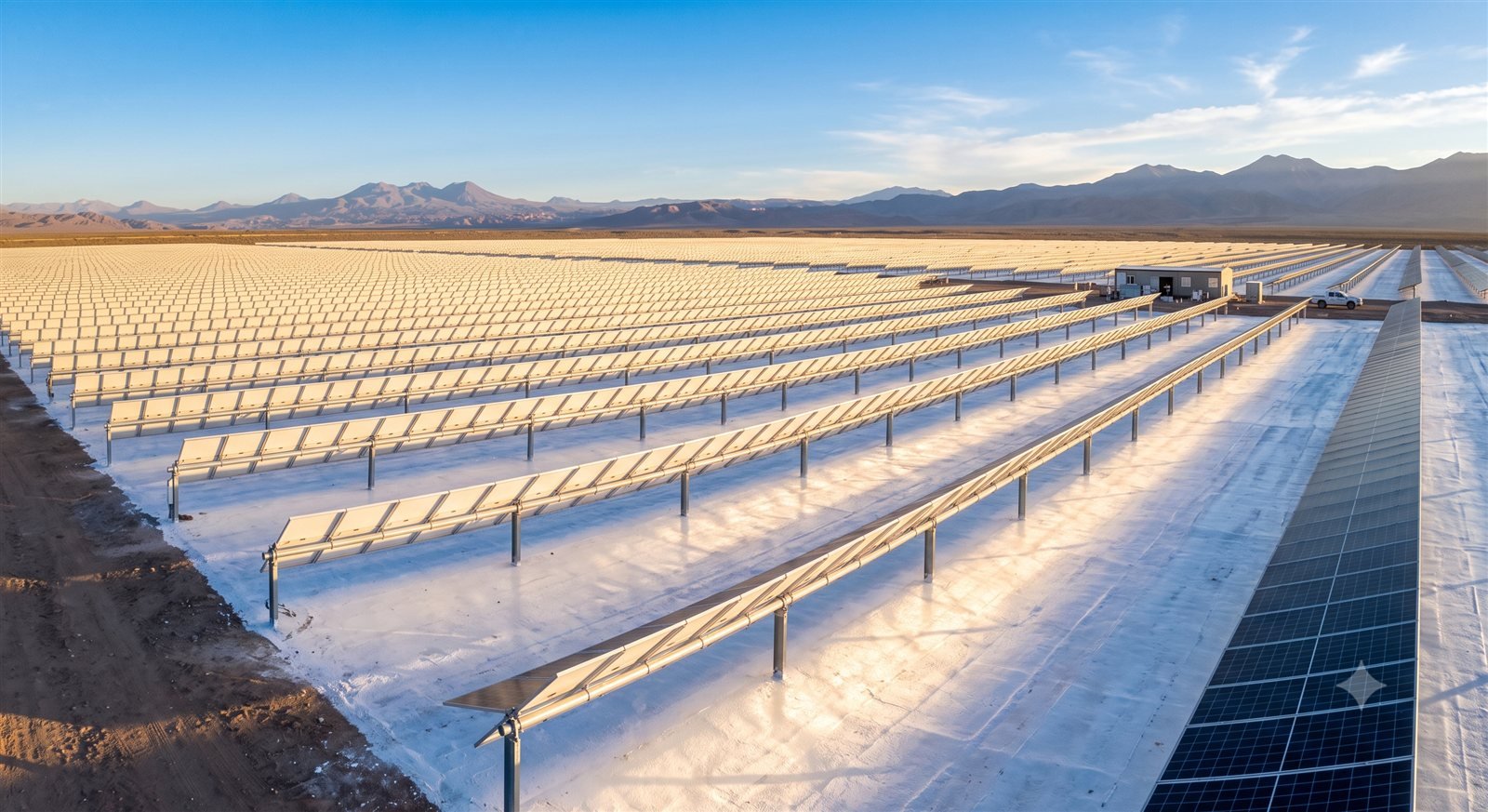 Campo de paneles solares bifaciales con suelo reflectante
